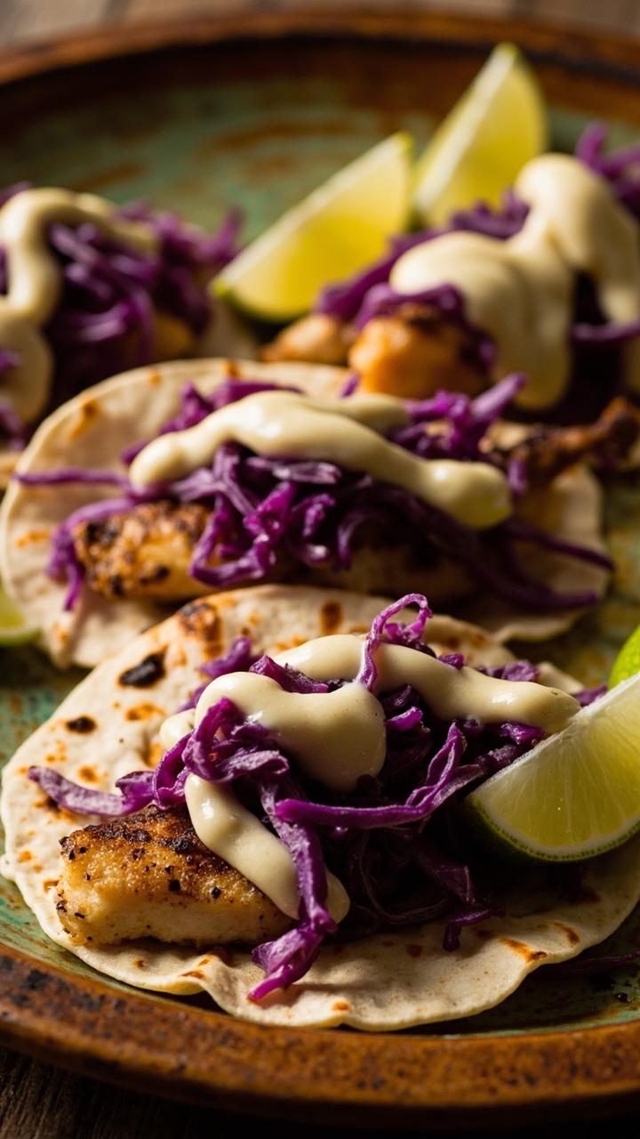 Warm corn tortillas filled with flaky grilled cod, topped with purple cabbage slaw and a drizzle of creamy sauce, served on a ceramic platter with lime wedges.