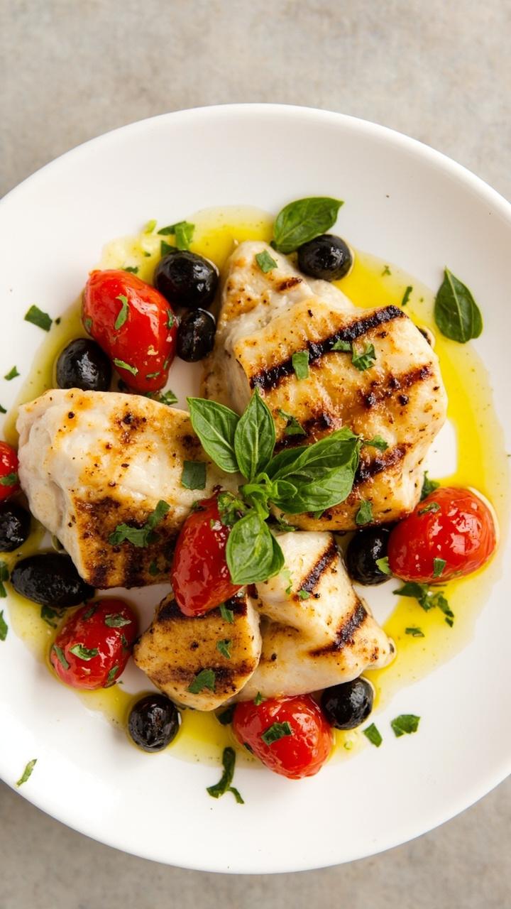Grilled cod fillets topped with burst cherry tomatoes and sliced black olives, garnished with chopped basil, arranged on a large white plate with a drizzle of olive oil.