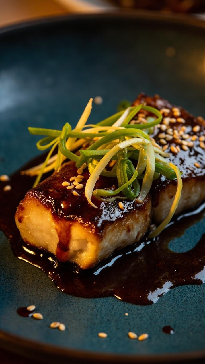 Glossy grilled cod fillets glazed with a dark ginger-soy sauce, topped with sliced scallions and sesame seeds, arranged on a blue stoneware plate.