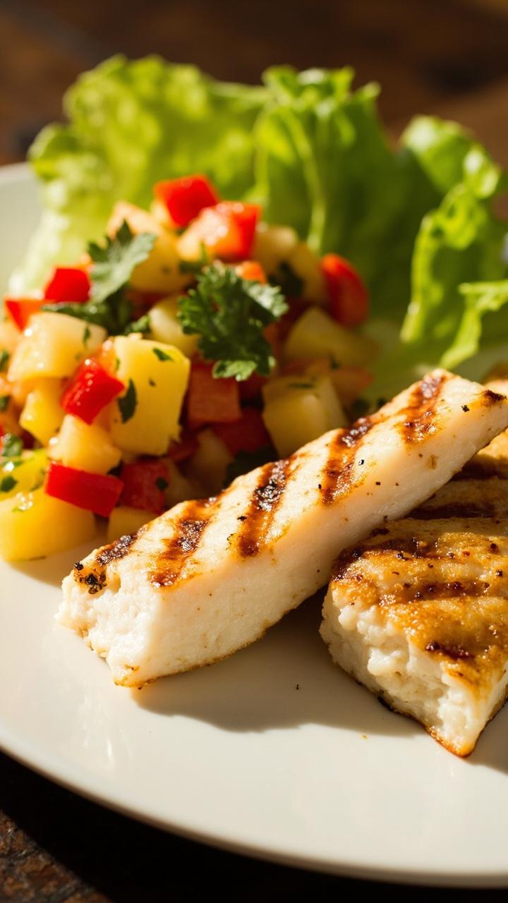 Grilled cod fillets beside a generous scoop of chunky pineapple salsa with red bell pepper and cilantro, served on a white platter lined with green lettuce leaves.
