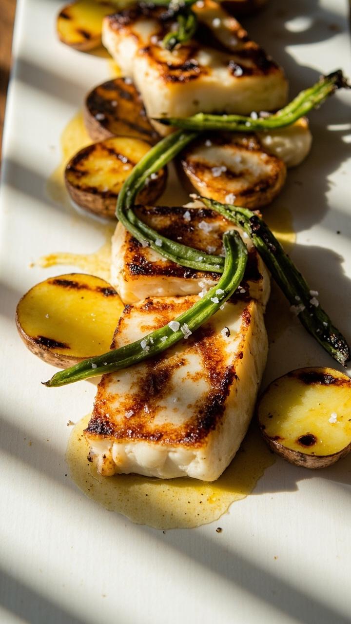 Grilled cod fillets set beside char-grilled garlic scapes and halved new potatoes, all nestled on a simple white serving board with a sprinkle of flaky sea salt.