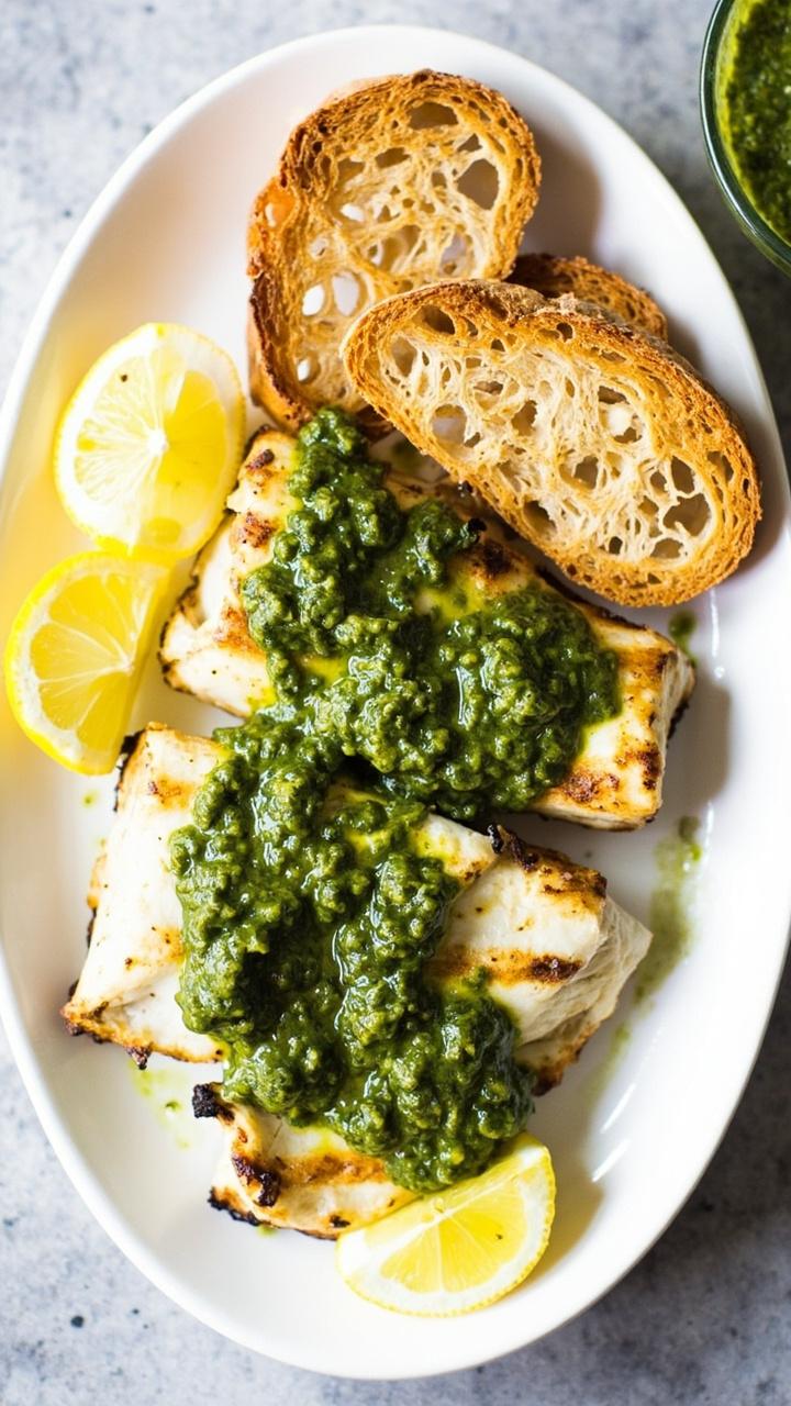 Grilled cod fillets topped with bright green chimichurri sauce, arranged on a white oval plate with crusty bread slices and lemon wedges.