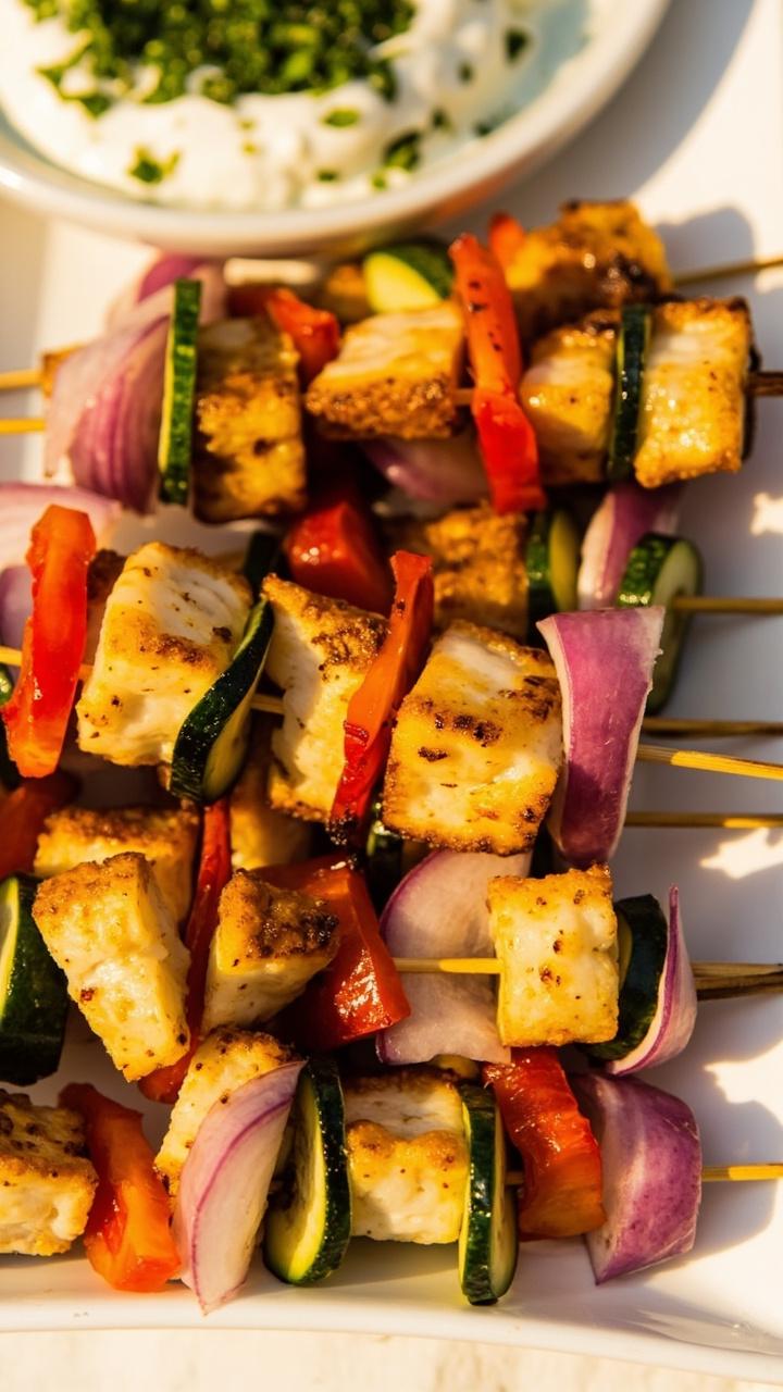 Colorful skewers alternating grilled cod cubes, red bell pepper, sliced zucchini, and red onion, neatly lined up on a rectangular white platter with a bowl of herby yogurt dip on the side.