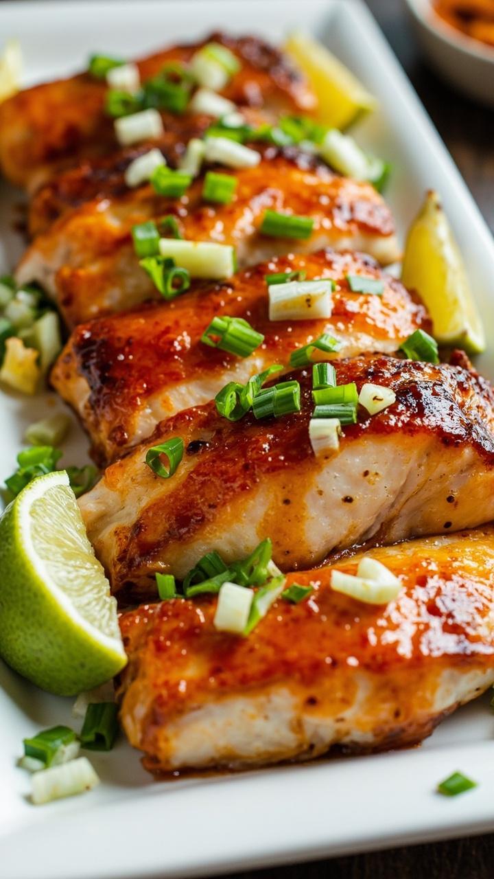 Glossy grilled cod fillets brushed with a red-orange glaze, sprinkled with sliced green onions, served on a rectangular platter next to lime wedges.