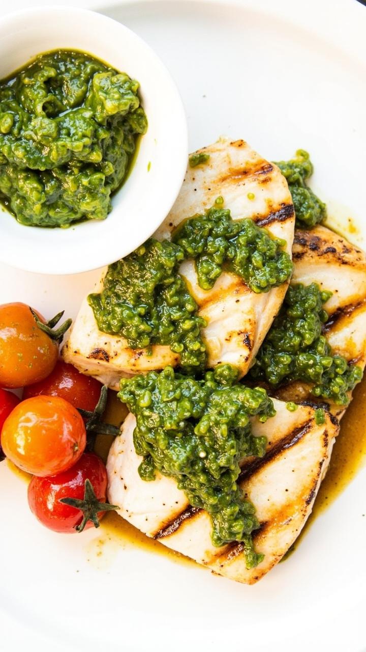 Grilled cod fillets drizzled with vivid green pesto, roasted cherry tomatoes nestled on the side, all plated on a white round dish with extra pesto in a small bowl.