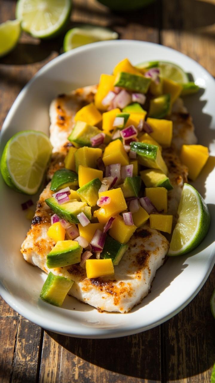 Grilled cod fillets topped with a chunky salsa of yellow mango, green avocado, and red onion, served on a white oval plate with lime wedges scattered nearby.