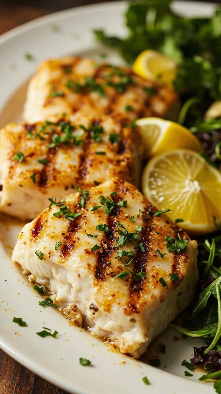 Grilled cod fillets with a golden Parmesan and herb crust, sprinkled with parsley, stacked on a white platter with lemon wedges and a side of arugula salad.