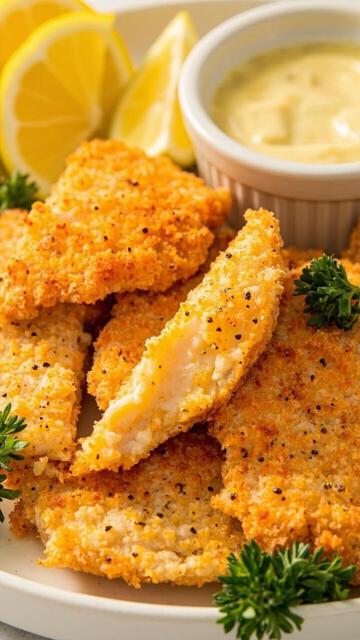 Golden catfish fillets coated in crispy cornmeal, arranged on a white plate with lemon wedges and parsley, flanked by a small ramekin of creamy tartar sauce. The fillets have visible flecks of pepper and the cornmeal coating is rough and crackly. Golden catfish fillets coated in crispy cornmeal, arranged on a white plate with lemon wedges and parsley, flanked by a small ramekin of creamy tartar sauce. The fillets have visible flecks of pepper and the cornmeal coating is rough and crackly.