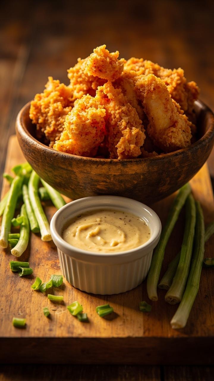Small pieces of golden catfish with a vibrant, craggy crust, piled in a rustic bowl. Scattered green onions and a ramekin of creamy Cajun dip sit nearby on a wood board. Small pieces of golden catfish with a vibrant, craggy crust, piled in a rustic bowl. Scattered green onions and a ramekin of creamy Cajun dip sit nearby on a wood board.