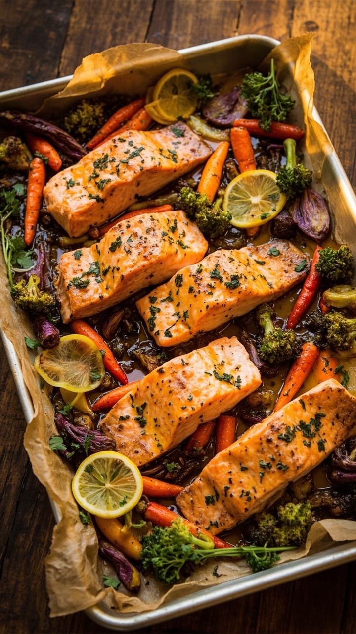 Four salmon fillets nestled with rainbow baby carrots, broccoli florets, and thin lemon slices on a parchment-lined sheet pan, all glistening with a golden garlic butter sauce. Sprigs of parsley for garnish. Set on a rustic wooden table, ready to serve.
