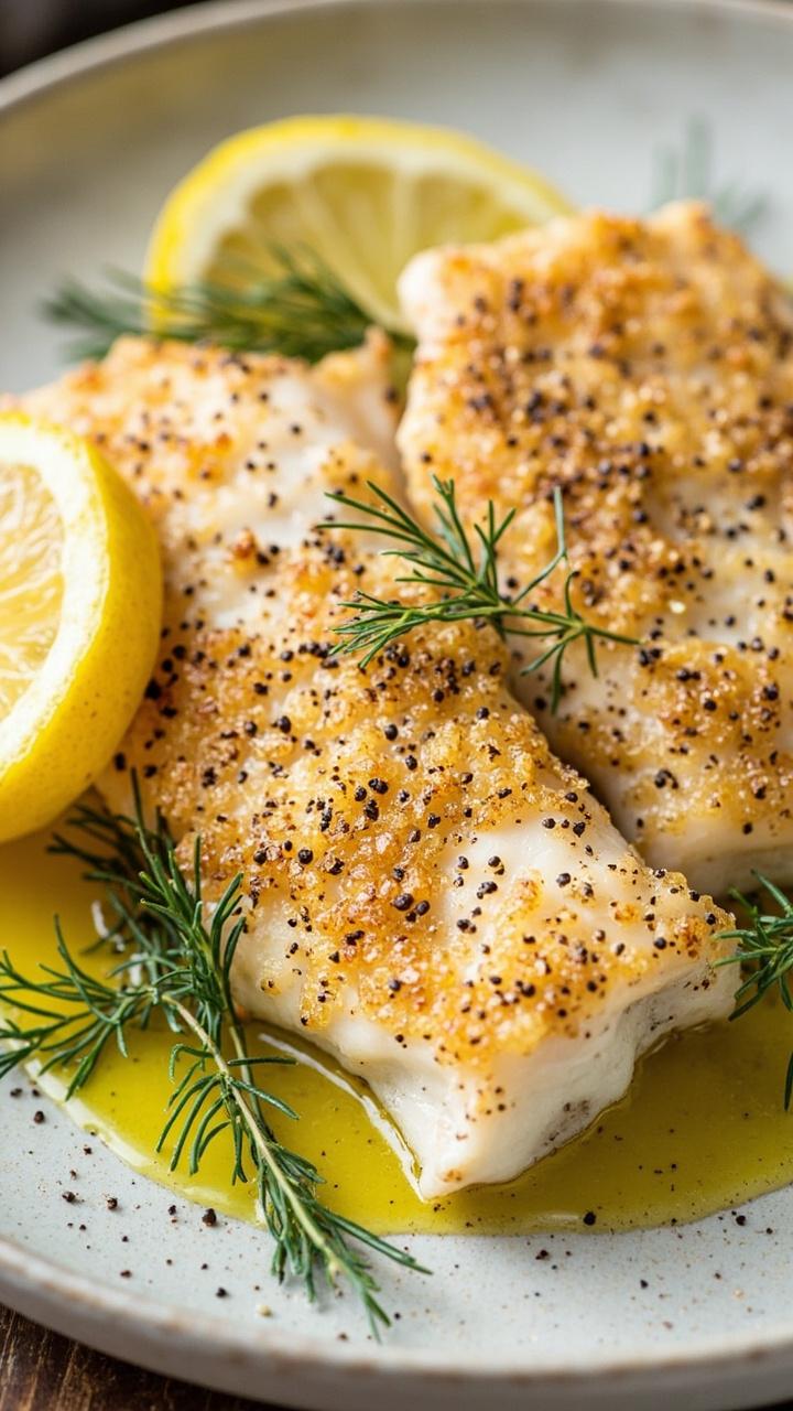 Catfish fillets dusted with flecks of black pepper and golden crust, plated on a light gray dish with lemon slices, a sprinkle of fresh dill, and a drizzle of olive oil. Catfish fillets dusted with flecks of black pepper and golden crust, plated on a light gray dish with lemon slices, a sprinkle of fresh dill, and a drizzle of olive oil.