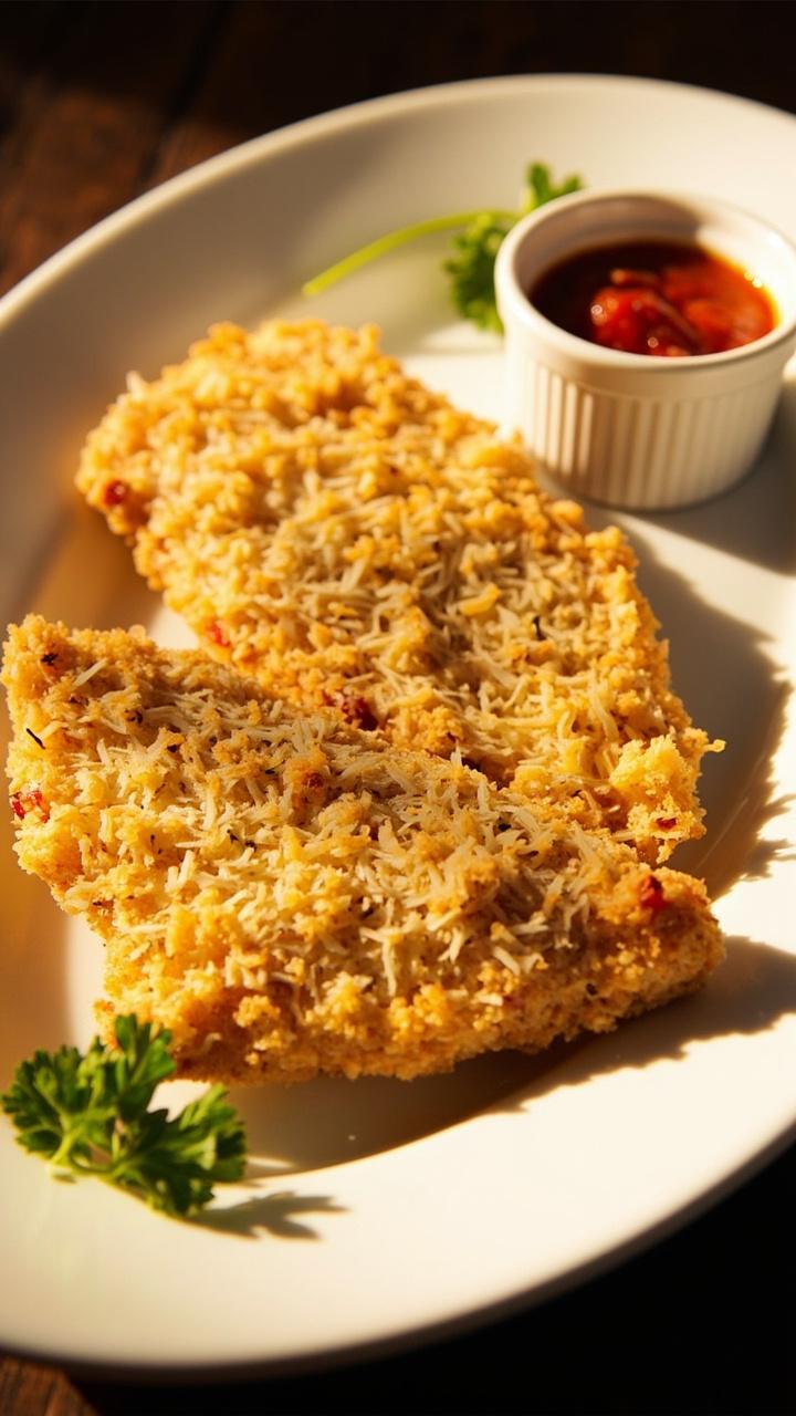 Catfish fillets coated in a golden parmesan and breadcrumb crust, served on a white platter with a scattering of parsley and a side of marinara sauce. Catfish fillets coated in a golden parmesan and breadcrumb crust, served on a white platter with a scattering of parsley and a side of marinara sauce.