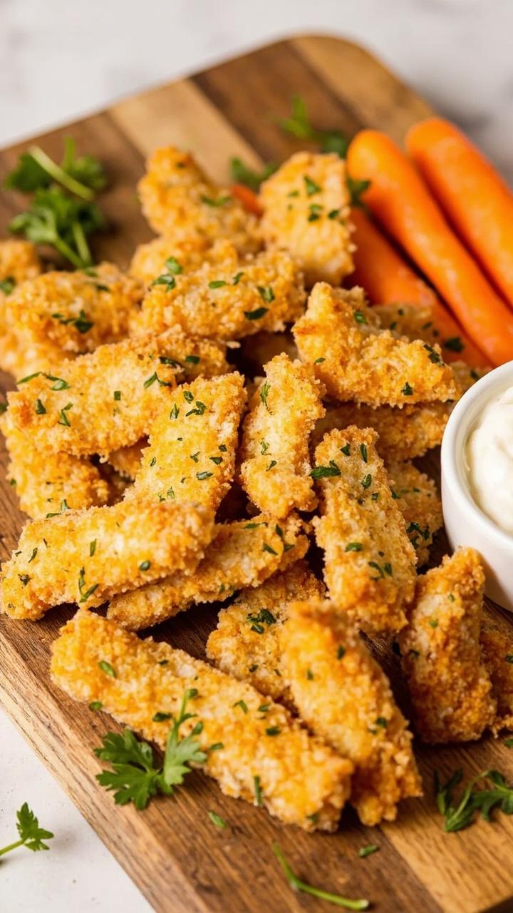 Thin catfish strips with visible bits of parsley and thyme in a crunchy coating, arranged on a wooden cutting board with a cup of ranch dressing and carrot sticks. Thin catfish strips with visible bits of parsley and thyme in a crunchy coating, arranged on a wooden cutting board with a cup of ranch dressing and carrot sticks.
