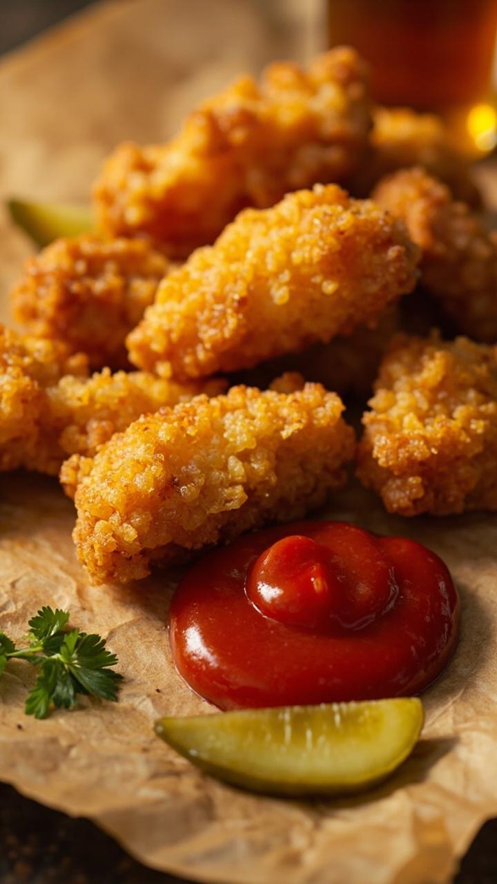 Plump nuggets with an even, golden crumb crust, tumbled onto parchment and served with ketchup and sweet pickles, with a few parsley leaves for color. Plump nuggets with an even, golden crumb crust, tumbled onto parchment and served with ketchup and sweet pickles, with a few parsley leaves for color.
