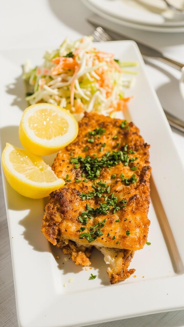 Crispy-edged catfish fillets on a rectangular white plate, topped with chopped parsley, served alongside a lemon wedge and simple coleslaw. Crispy-edged catfish fillets on a rectangular white plate, topped with chopped parsley, served alongside a lemon wedge and simple coleslaw.