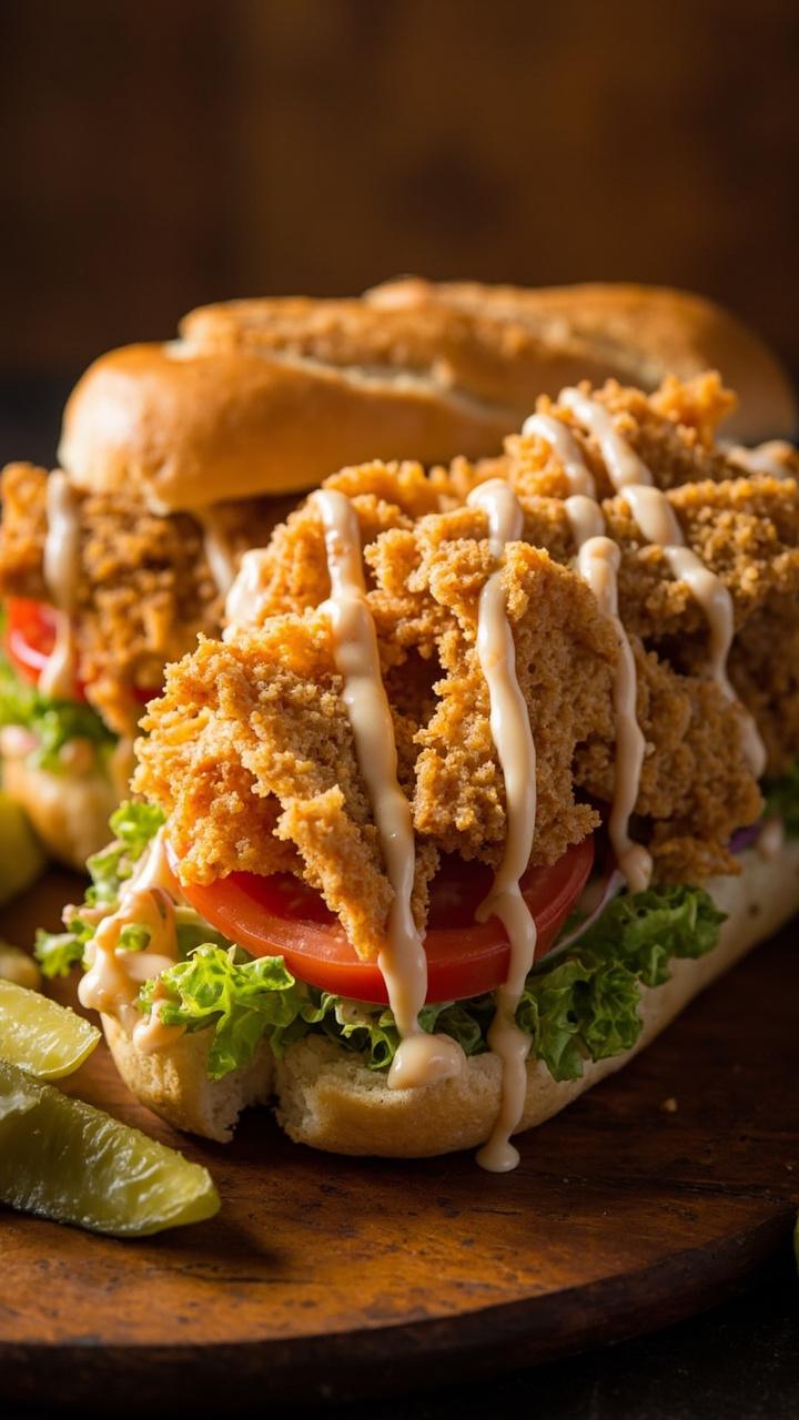Crispy catfish strips spilling from a sliced soft baguette, with lettuce, tomato, and a drizzle of remoulade, on a wood tray with pickle spears. Crispy catfish strips spilling from a sliced soft baguette, with lettuce, tomato, and a drizzle of remoulade, on a wood tray with pickle spears.