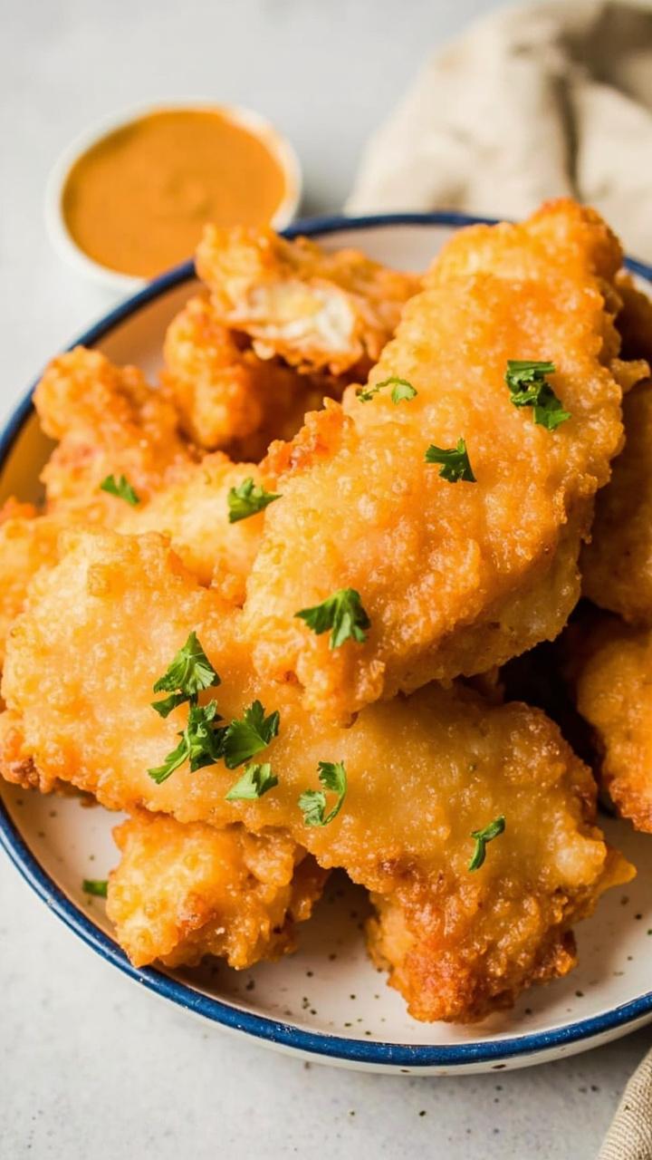Catfish tenders with a golden breading, stacked on a blue-rimmed plate beside a small bowl of honey mustard dipping sauce. Parsley dots for garnish. Catfish tenders with a golden breading, stacked on a blue-rimmed plate beside a small bowl of honey mustard dipping sauce. Parsley dots for garnish.
