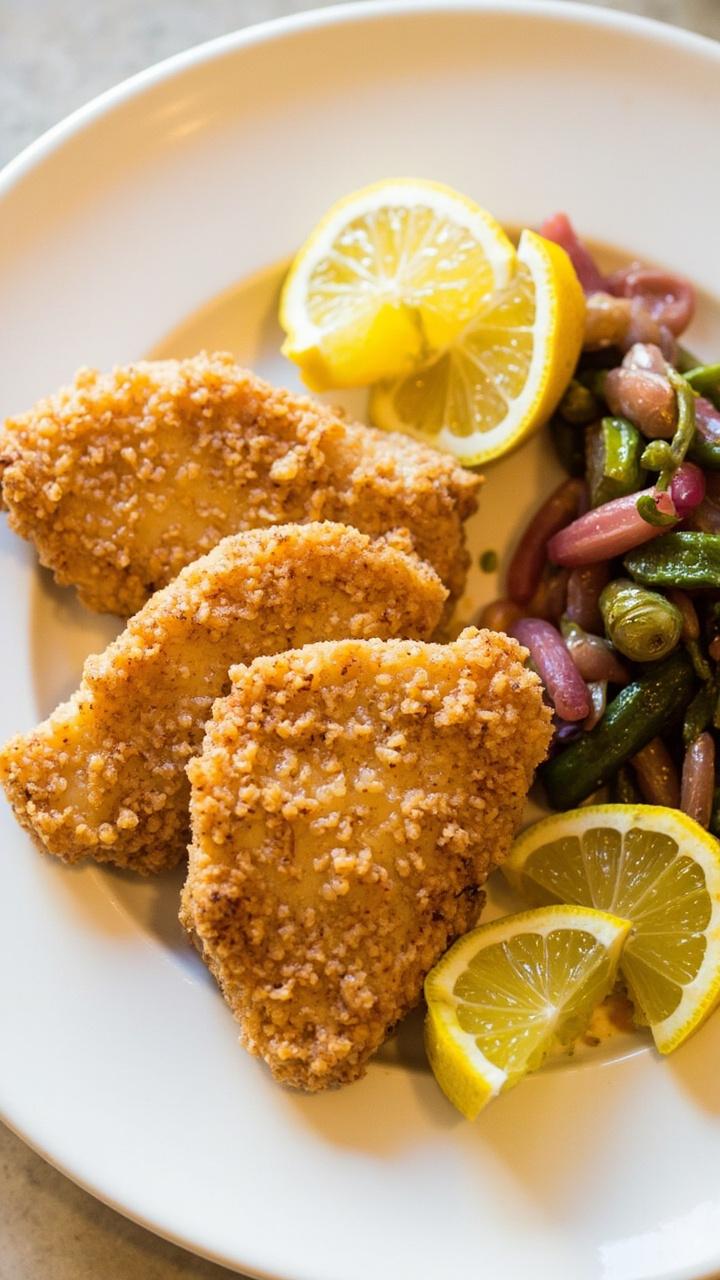 Large, golden catfish fillets with a pebbly coating, arranged on a white round plate with a side of pickled okra and lemon wedges. Large, golden catfish fillets with a pebbly coating, arranged on a white round plate with a side of pickled okra and lemon wedges.