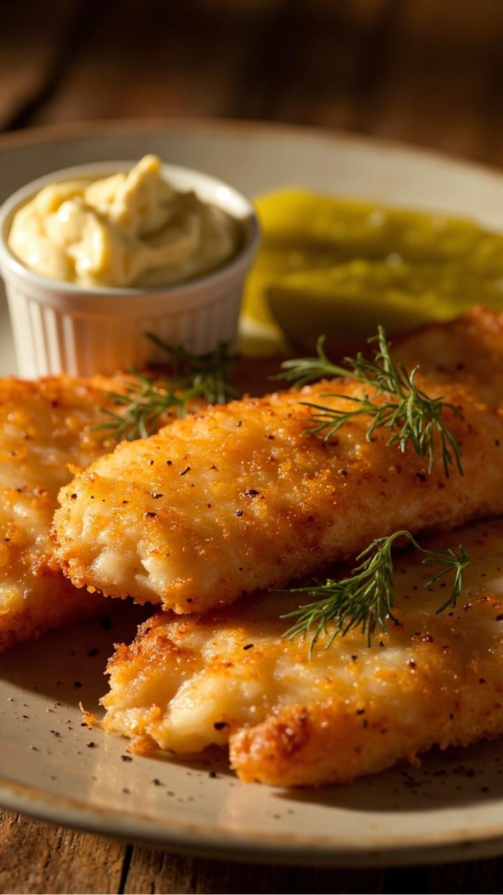 Golden, crinkle-edged catfish fillets with a sprinkle of fresh dill, plated with sliced dill pickles and a ramekin of tartar sauce. Golden, crinkle-edged catfish fillets with a sprinkle of fresh dill, plated with sliced dill pickles and a ramekin of tartar sauce.
