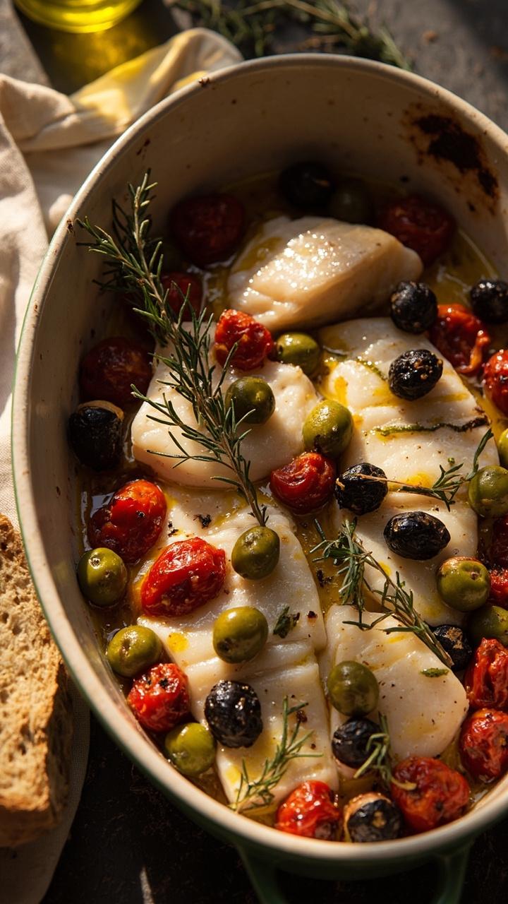 White cod fillets in a shallow baking dish topped with bursted cherry tomatoes, green and black olives, and sprigs of oregano, all bathed in olive oil. The dish is flanked by a hunk of rustic bread on a soft linen napkin.