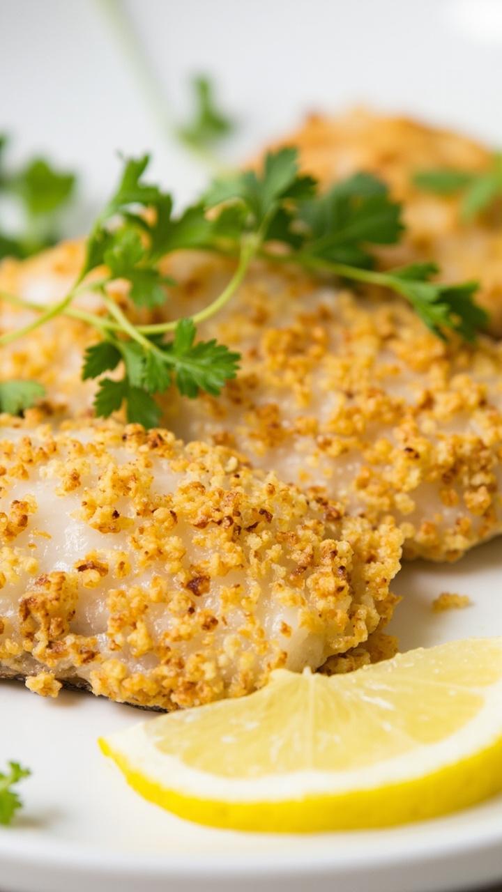 Catfish fillets coated in coarse, golden crushed crackers, placed on a plain plate with a few parsley sprigs and a wedge of lemon. Catfish fillets coated in coarse, golden crushed crackers, placed on a plain plate with a few parsley sprigs and a wedge of lemon.