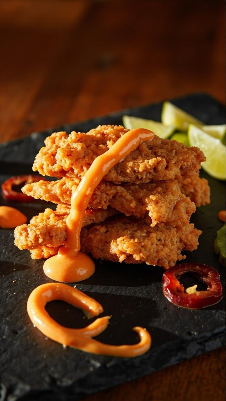 Golden-brown catfish strips stacked on a slate plate, beside a swirl of orange sriracha mayo, with sliced jalapeños and a few lime wedges. Golden-brown catfish strips stacked on a slate plate, beside a swirl of orange sriracha mayo, with sliced jalapeños and a few lime wedges.