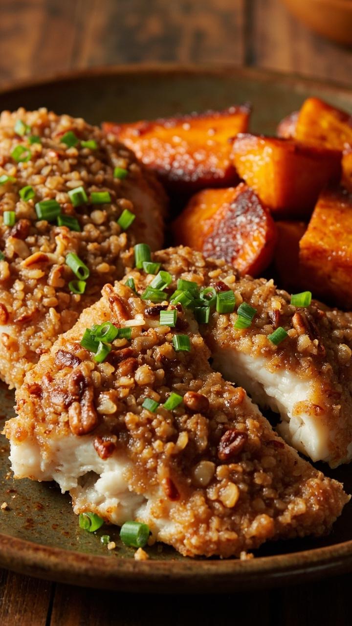 Catfish fillets topped with a chunky pecan crust, garnished with chopped chives, and served alongside roasted sweet potatoes on a stoneware plate. Catfish fillets topped with a chunky pecan crust, garnished with chopped chives, and served alongside roasted sweet potatoes on a stoneware plate.