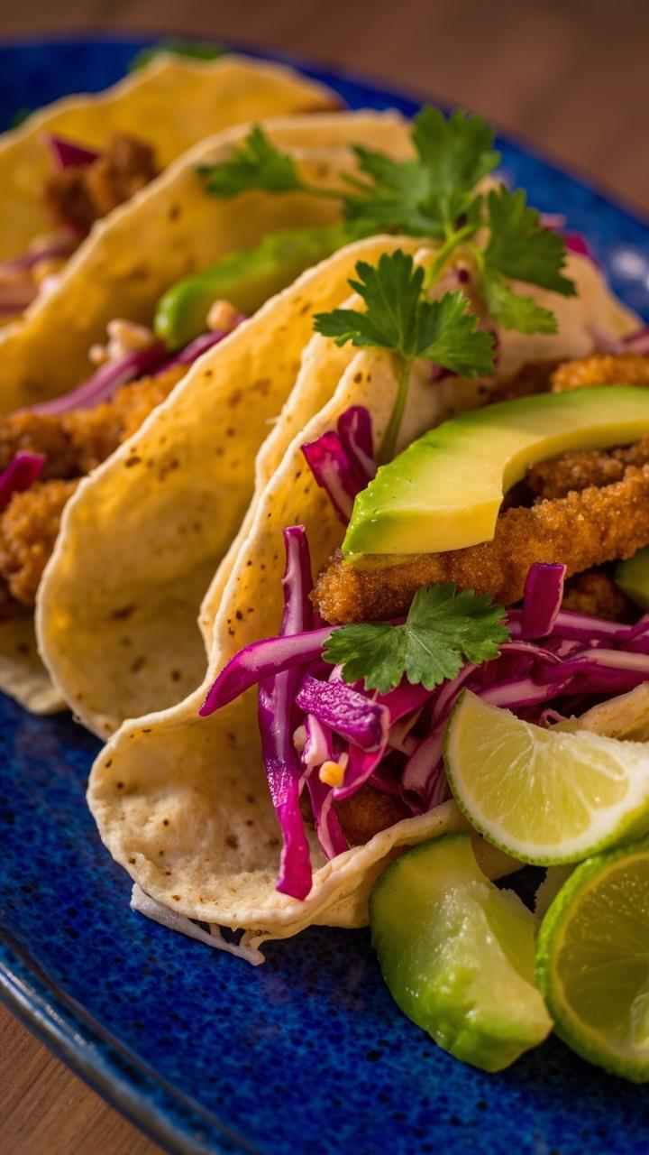 Soft corn tortillas filled with crisp catfish strips, bright purple cabbage slaw, and creamy avocado slices, finished with a cilantro sprig and lime wedge on a blue ceramic platter. Soft corn tortillas filled with crisp catfish strips, bright purple cabbage slaw, and creamy avocado slices, finished with a cilantro sprig and lime wedge on a blue ceramic platter.
