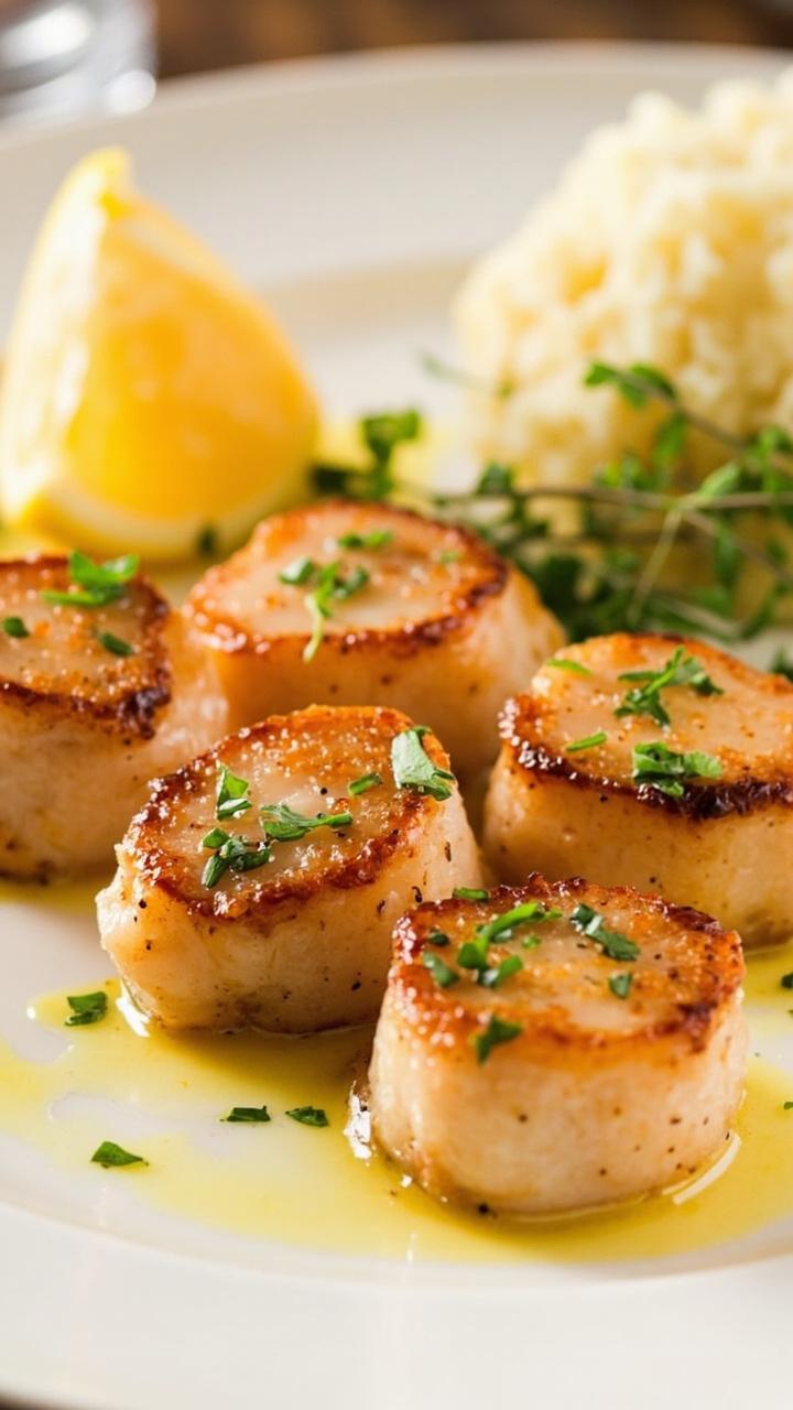 A white dinner plate arranged with six caramelized jumbo sea scallops garnished with parsley, drizzled with a glossy lemon-garlic butter sauce. A lemon wedge and a sprig of fresh herbs rest beside a mound of mashed potatoes.