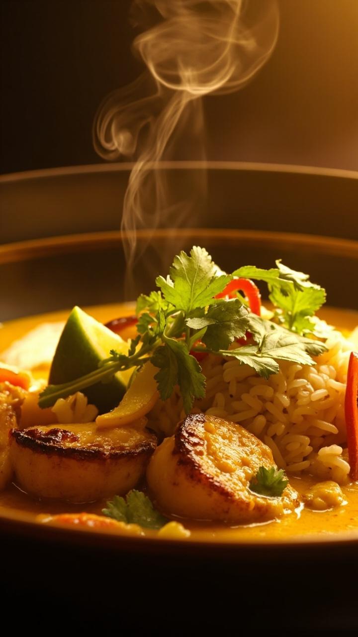 A shallow bowl filled with a creamy golden curry, big scallops nestled in, topped with fresh cilantro, sliced red chili, and a wedge of lime on the side. Steam rises over a mound of fluffy jasmine rice.