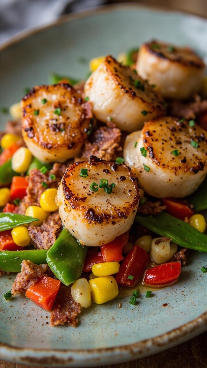 A rustic plate topped with a colorful bed of corn, red bell pepper, and snap peas, sprinkled with crumbled bacon. Jumbo scallops rest on top, gleaming with a light glaze and a sprinkle of chives.