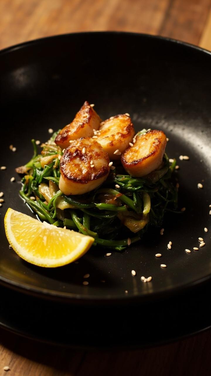 A shallow black bowl with a neat mound of sautéed baby spinach and bok choy, topped with three golden-brown glazed scallops. Sprinkled with white sesame seeds and served with a lemon wedge.