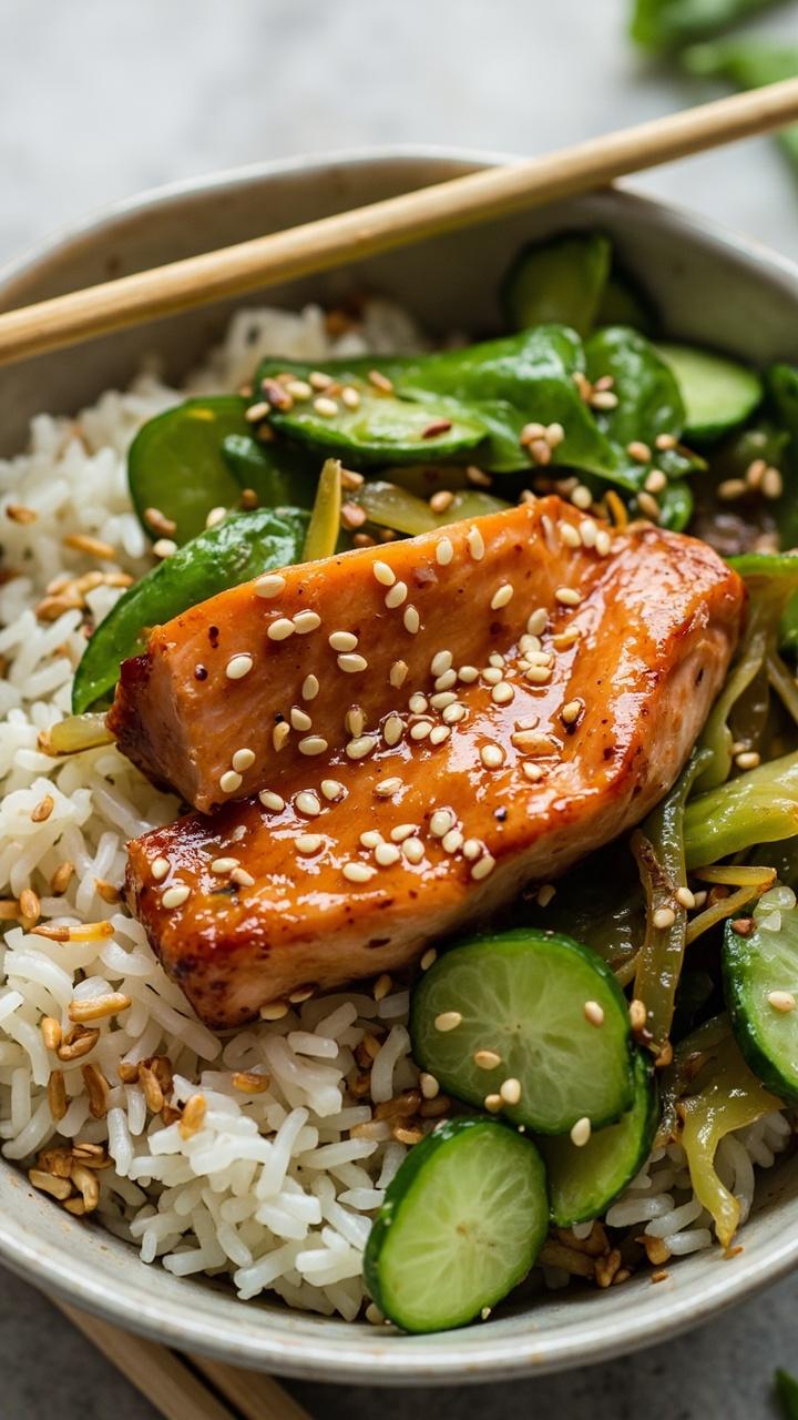 A wide bowl with glossy glazed salmon atop steamed jasmine rice, flecked with sesame seeds and arranged with sliced cucumbers, sautéed snap peas, and a sprinkle of scallions. Chopsticks resting on the rim.