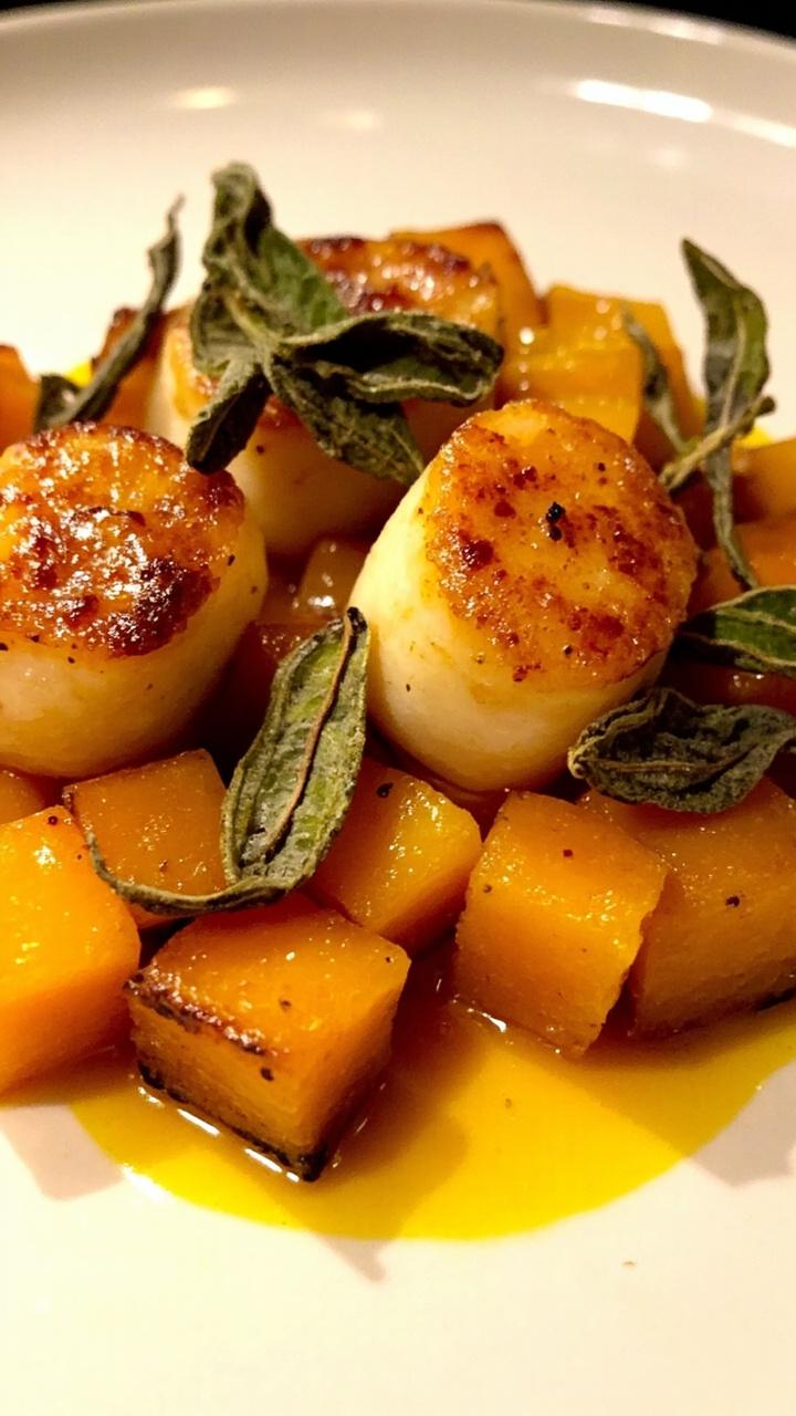 A warm-toned plate featuring cubes of roasted butternut squash, three scallops nestled in browned butter, and crispy sage leaves scattered on top. A drizzle of brown butter around the plate adds gloss.