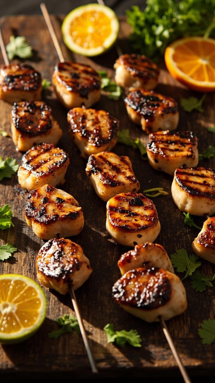 A rustic grill platter lined with skewers of jumbo scallops, char marks and caramelization visible. Garnished with a scattering of fresh cilantro and orange and lime wedges on a wooden board.