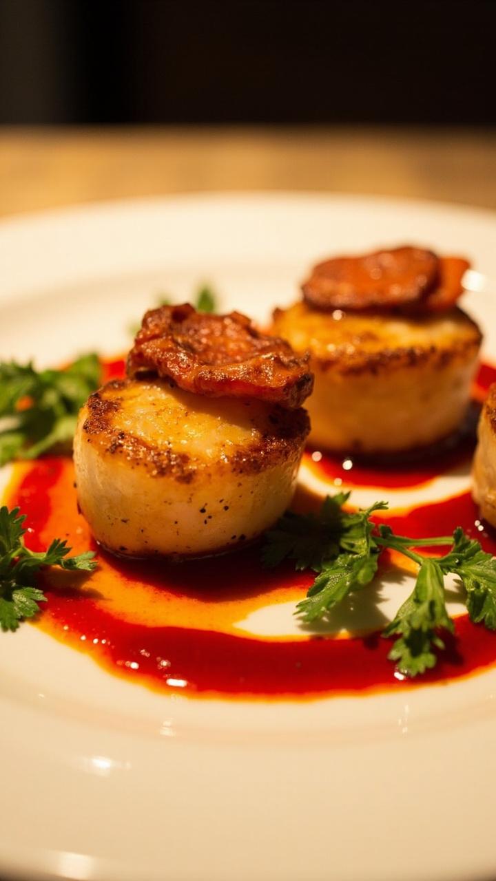 A small white plate with three jumbo scallops each topped with a slice of crisped chorizo, all drizzled in deep red roasted pepper sauce with fresh parsley scattered over.