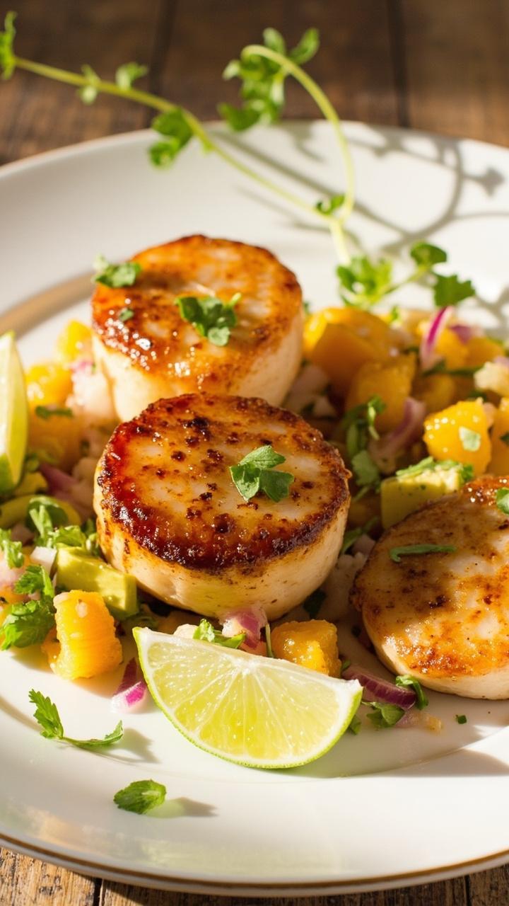 A white rimmed plate with three golden scallops, a chunky salsa of diced avocado, orange, lime, and red onion piled beside. Microgreens and lime wedges are arranged for color.