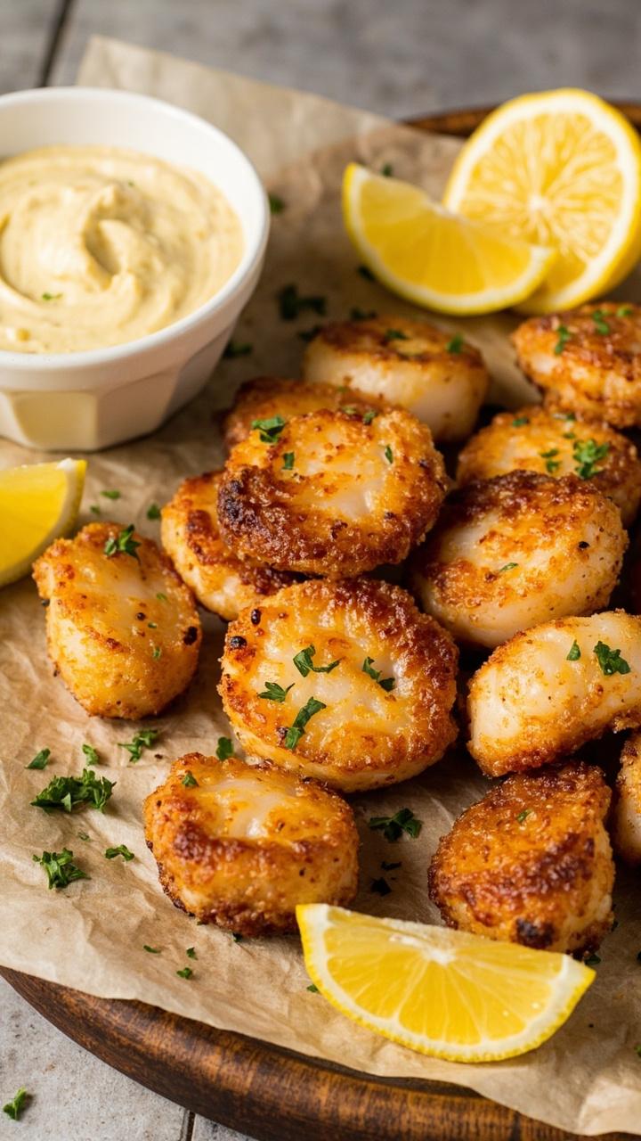 A plate of golden-brown breaded scallops on a parchment-lined board, served with a small bowl of lemon aioli and fresh lemon wedges for dipping. Parsley is sprinkled over for color.