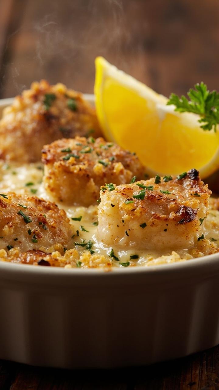 A small round gratin dish bubbling with plump scallops under a golden crumb layer, flecked with green herbs. A lemon wedge and a sprinkle of parsley on the side.
