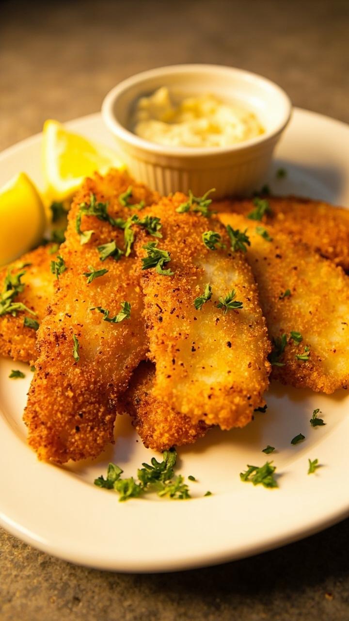 Golden, breaded tilapia fillets arranged on a white platter, showered with chopped parsley, served with lemon wedges and a side ramekin of tangy tartar sauce.