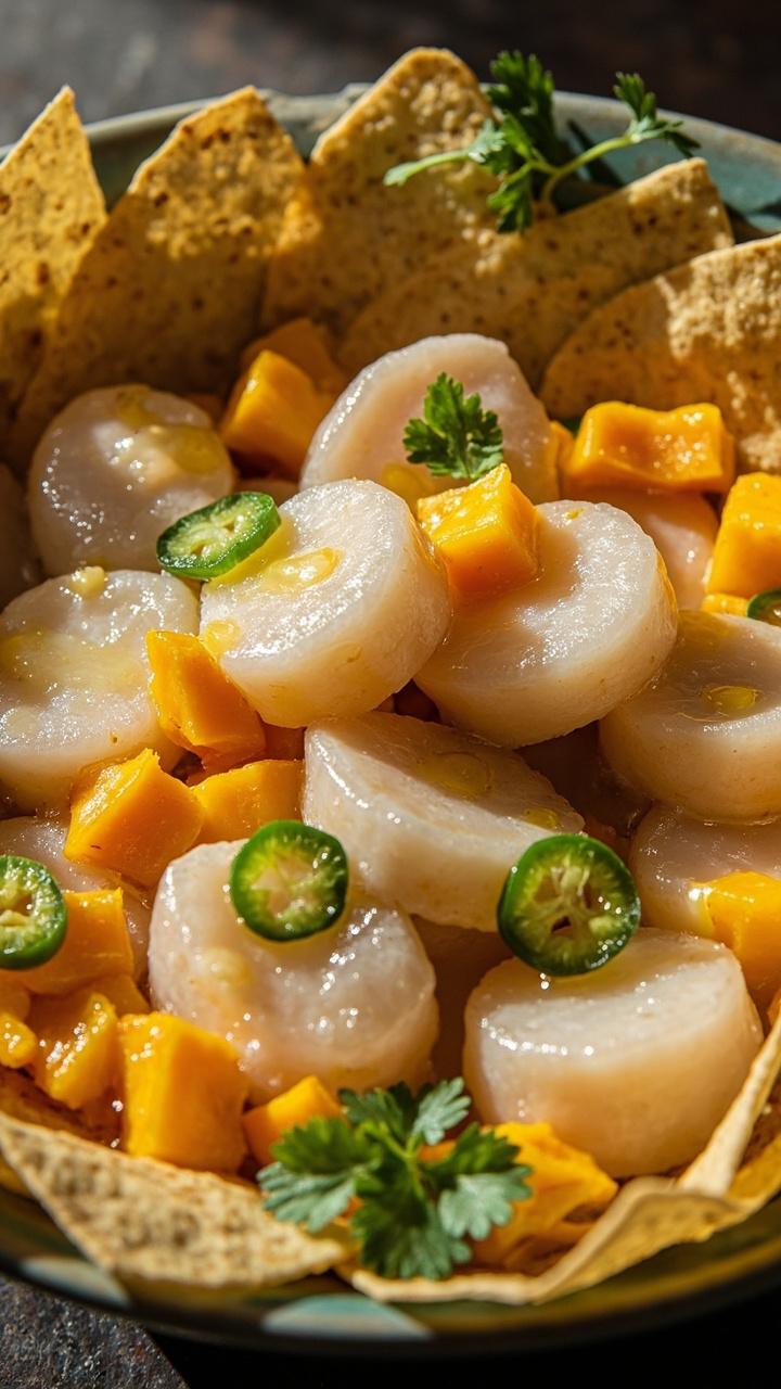 A wide shallow bowl with thinly sliced raw scallops mixed with cubes of bright orange mango, dots of green jalapeño, and cilantro, all glistening with lime juice. Tortilla chips are fanned around the edge.