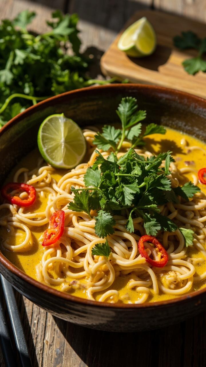 A wide ceramic bowl filled with curly ramen noodles submerged in golden, creamy coconut curry broth, topped with fresh cilantro leaves and a wedge of lime, with a sprinkle of thinly sliced red chili. A small wooden board holds extra lime and scattered cilantro nearby. A wide ceramic bowl filled with curly ramen noodles submerged in golden, creamy coconut curry broth, topped with fresh cilantro leaves and a wedge of lime, with a sprinkle of thinly sliced red chili. A small wooden board holds extra lime and scattered cilantro nearby.