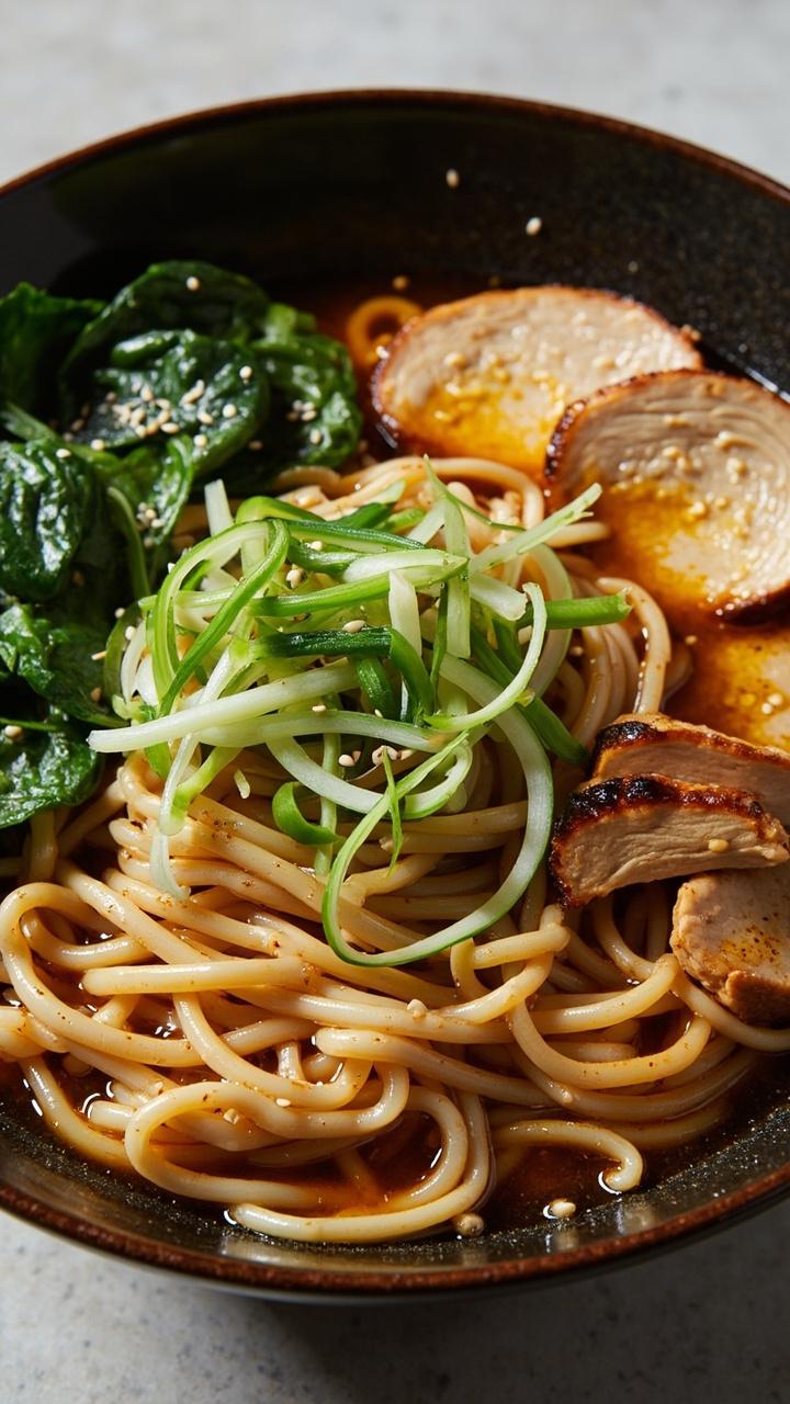 A medium bowl with steaming ramen noodles in a clear, amber broth, slices of cooked chicken fanned on one side, wilted baby spinach, a drizzle of sesame oil, and thinly sliced scallions scattered on top. White sesame seeds are sprinkled over everything. A medium bowl with steaming ramen noodles in a clear, amber broth, slices of cooked chicken fanned on one side, wilted baby spinach, a drizzle of sesame oil, and thinly sliced scallions scattered on top. White sesame seeds are sprinkled over everything.