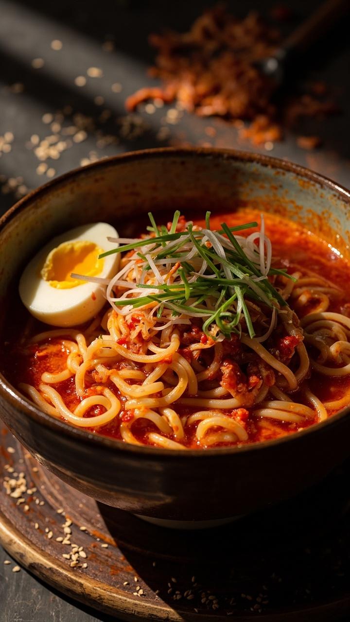 A deep bowl with spicy red broth, noodles winding through it, topped with a pile of chopped kimchi, sliced green onions, and a halved soft-boiled egg. A sprinkle of toasted sesame seeds and a few kimchi pieces spill onto the wooden tray beneath the bowl. A deep bowl with spicy red broth, noodles winding through it, topped with a pile of chopped kimchi, sliced green onions, and a halved soft-boiled egg. A sprinkle of toasted sesame seeds and a few kimchi pieces spill onto the wooden tray beneath the bowl.