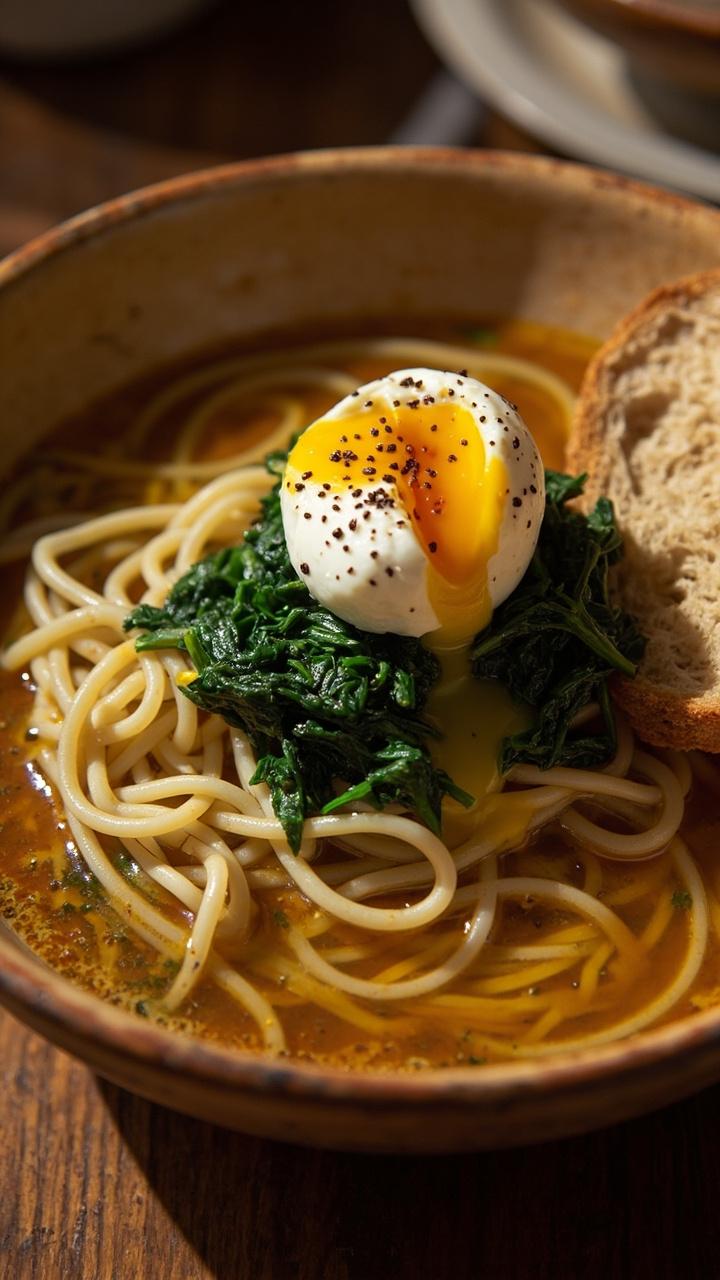A tan ceramic bowl of noodles in clear, golden broth, topped with emerald-green spinach sautéed with garlic and a runny poached egg centered on top. A sprinkle of coarse black pepper finishes it, with a crusty piece of bread off to one side. A tan ceramic bowl of noodles in clear, golden broth, topped with emerald-green spinach sautéed with garlic and a runny poached egg centered on top. A sprinkle of coarse black pepper finishes it, with a crusty piece of bread off to one side.
