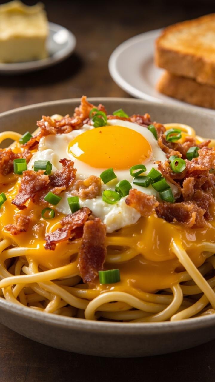 A shallow bowl with ramen noodles in a creamy, slightly thick cheese sauce, crispy bacon crumbles, a sunny-side up egg perched on top, and bright diced chives sprinkled on the yellow yolk. A side plate holds buttered toast. A shallow bowl with ramen noodles in a creamy, slightly thick cheese sauce, crispy bacon crumbles, a sunny-side up egg perched on top, and bright diced chives sprinkled on the yellow yolk. A side plate holds buttered toast.