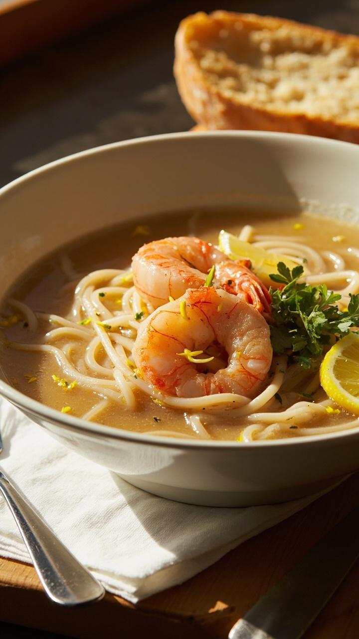 A round bowl of pale ramen noodles in a light, clear broth, topped with pink sautéed shrimp, flecks of lemon zest, a sprinkle of finely chopped parsley, and thin lemon slices on the side. A fork and slice of baguette are set on a white napkin. A round bowl of pale ramen noodles in a light, clear broth, topped with pink sautéed shrimp, flecks of lemon zest, a sprinkle of finely chopped parsley, and thin lemon slices on the side. A fork and slice of baguette are set on a white napkin.