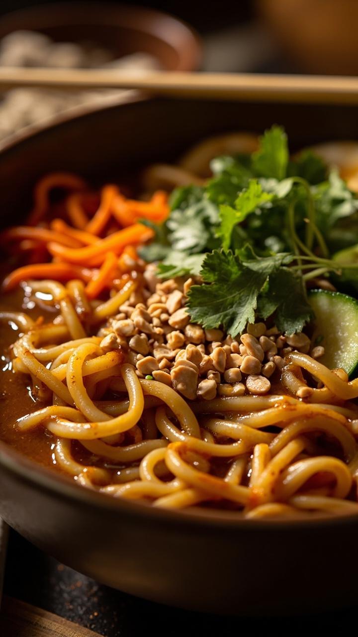 A deep ramen bowl brimming with wheat noodles tossed in a glossy peanut-sesame sauce, garnished with julienned carrots, cucumber ribbons, sprinkle of chopped roasted peanuts, and fresh cilantro. Chopsticks rest on the rim. A deep ramen bowl brimming with wheat noodles tossed in a glossy peanut-sesame sauce, garnished with julienned carrots, cucumber ribbons, sprinkle of chopped roasted peanuts, and fresh cilantro. Chopsticks rest on the rim.