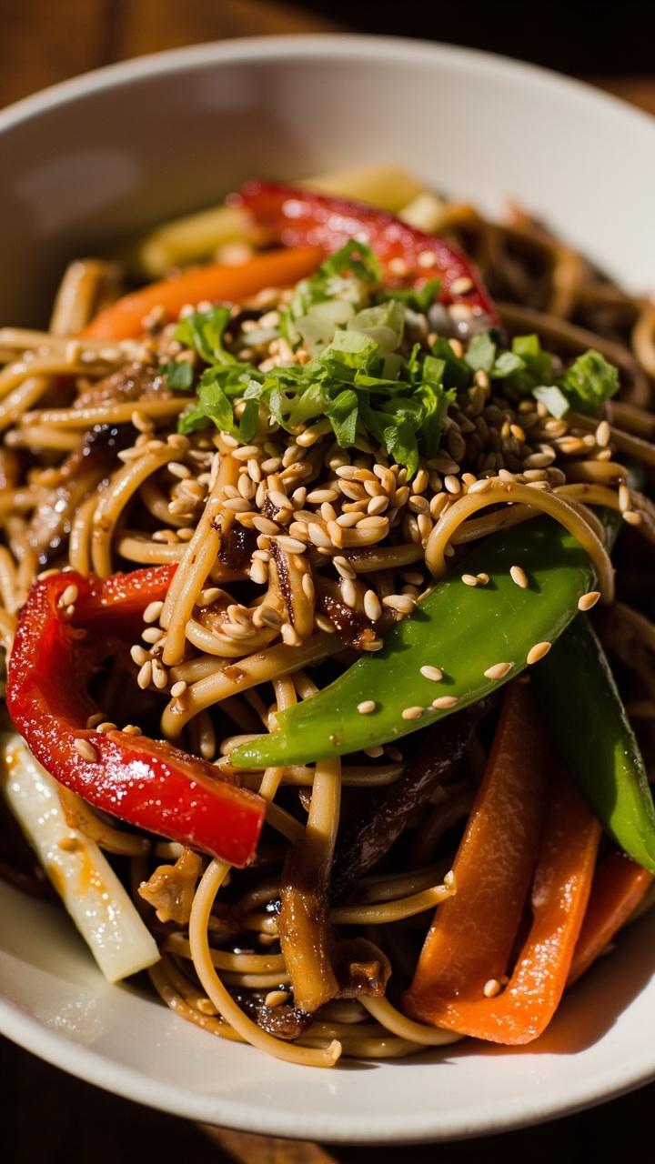 A white ceramic bowl heaped with stir-fried ramen noodles, vibrant slivers of red bell pepper, snap peas, and carrots scattered throughout, glossy from soy sauce, with a sprinkling of sesame seeds and chopped scallions. A white ceramic bowl heaped with stir-fried ramen noodles, vibrant slivers of red bell pepper, snap peas, and carrots scattered throughout, glossy from soy sauce, with a sprinkling of sesame seeds and chopped scallions.