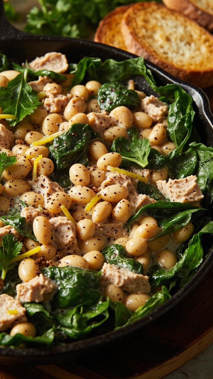 A cast iron skillet filled with creamy white beans, hunks of canned tuna, baby spinach, and lemon zest, garnished with freshly cracked pepper and a few parsley leaves. Rounds of toasted bread on the side.